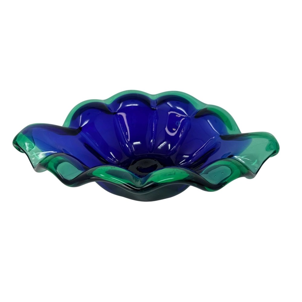 Murano Blue Green Art Glass‎ Bowl Hand Blown Ruffled Centerpiece Made in Italy